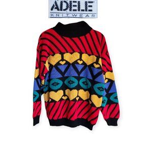Adele Knitwear VCR Love Knit Hearts Ugly Sweater size M Vintage 90s Rare HTF Fun